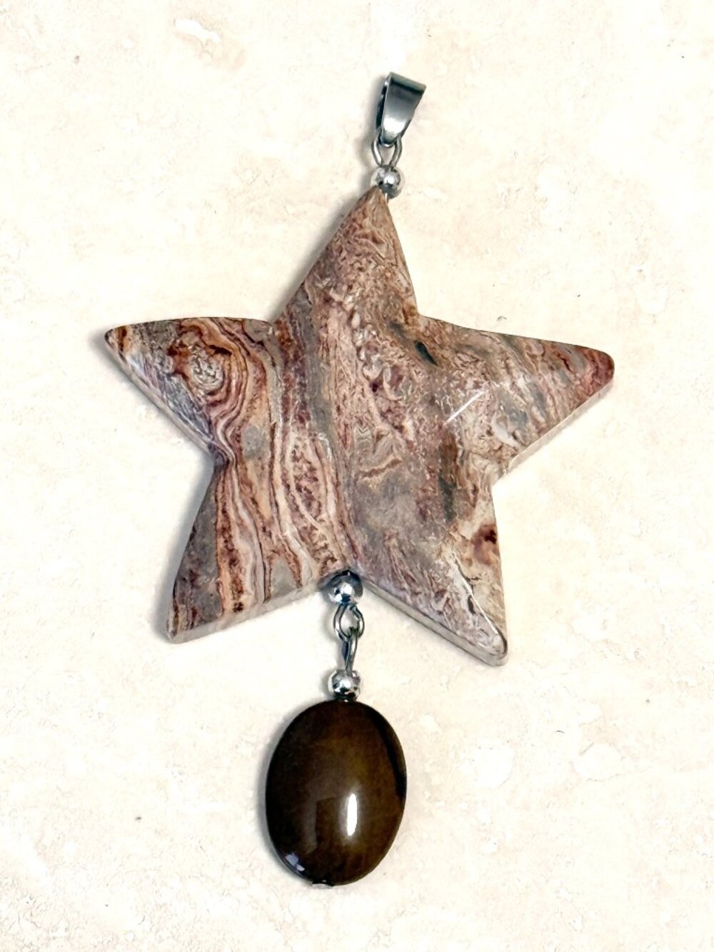2/$20, Large Earthy Crazy Lace Agate Pendant, Genuine Gemstone Star Pendant